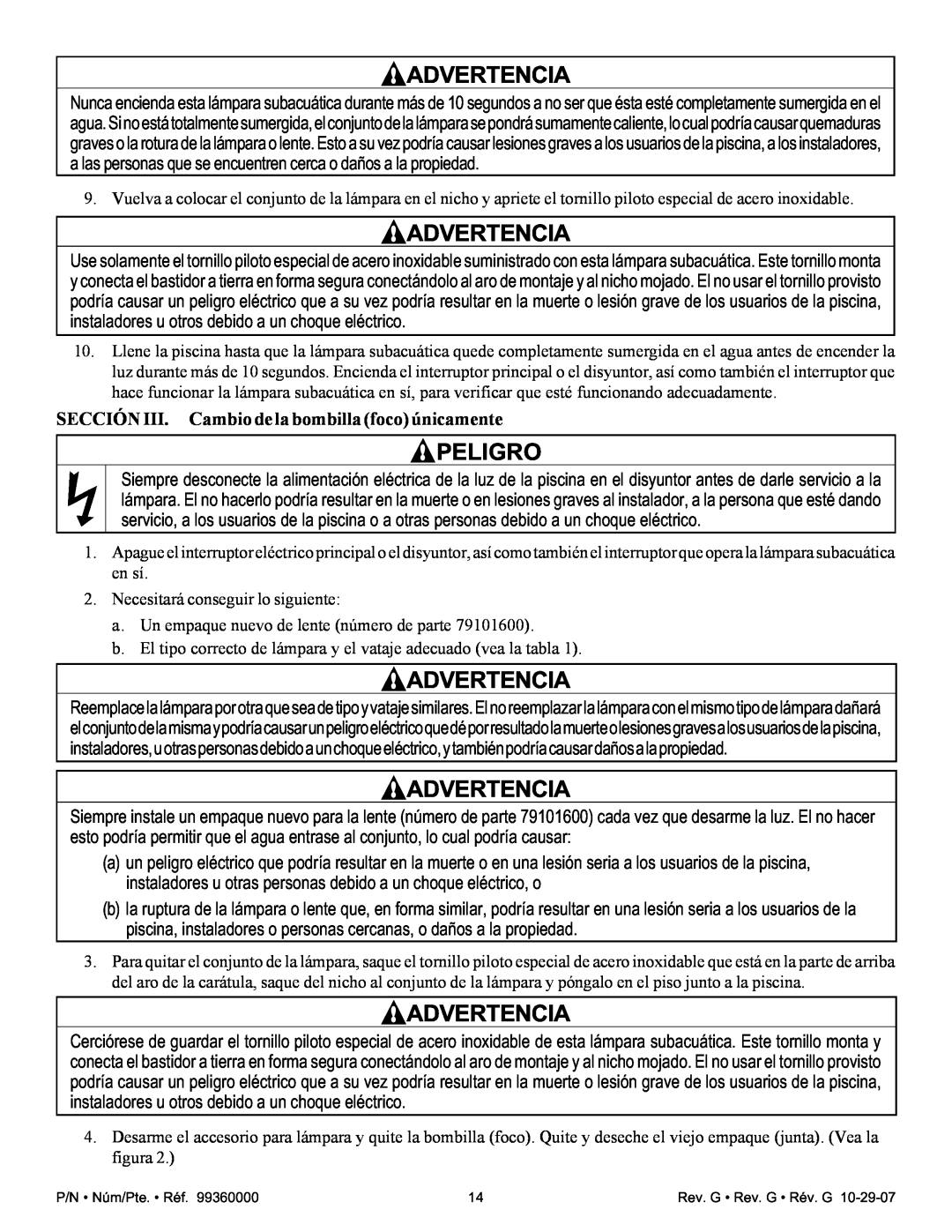Pentair Amerlite important safety instructions SECCIÓN III. Cambio de la bombilla foco únicamente, Advertencia, Peligro 