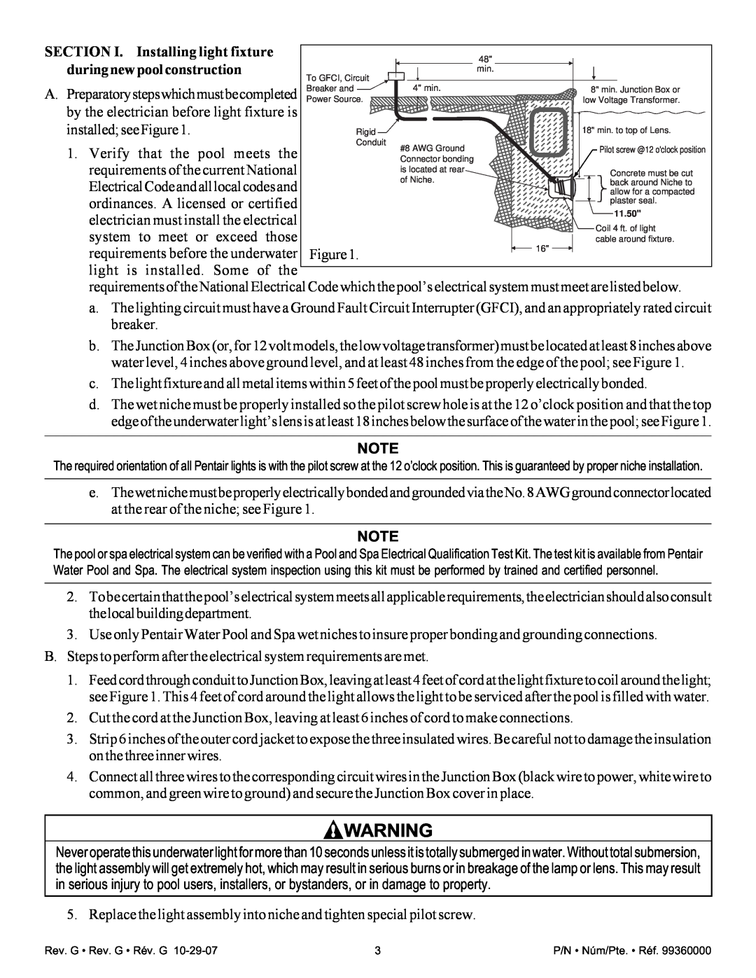 Pentair Amerlite important safety instructions SECTION I. Installing light fixture, duringnewpoolconstruction 