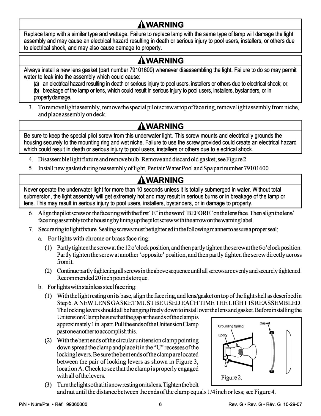 Pentair Amerlite important safety instructions a. For lights with chrome or brass face ring 