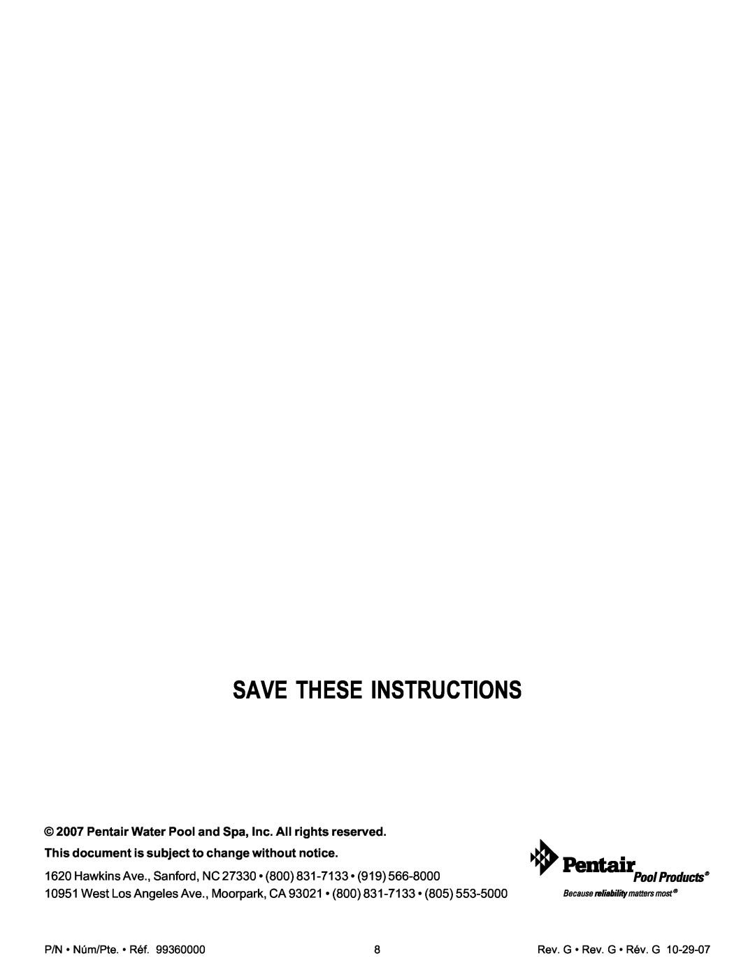 Pentair Amerlite Save These Instructions, Hawkins Ave., Sanford, NC 27330 800 831-7133, P/N Núm/Pte. Réf 