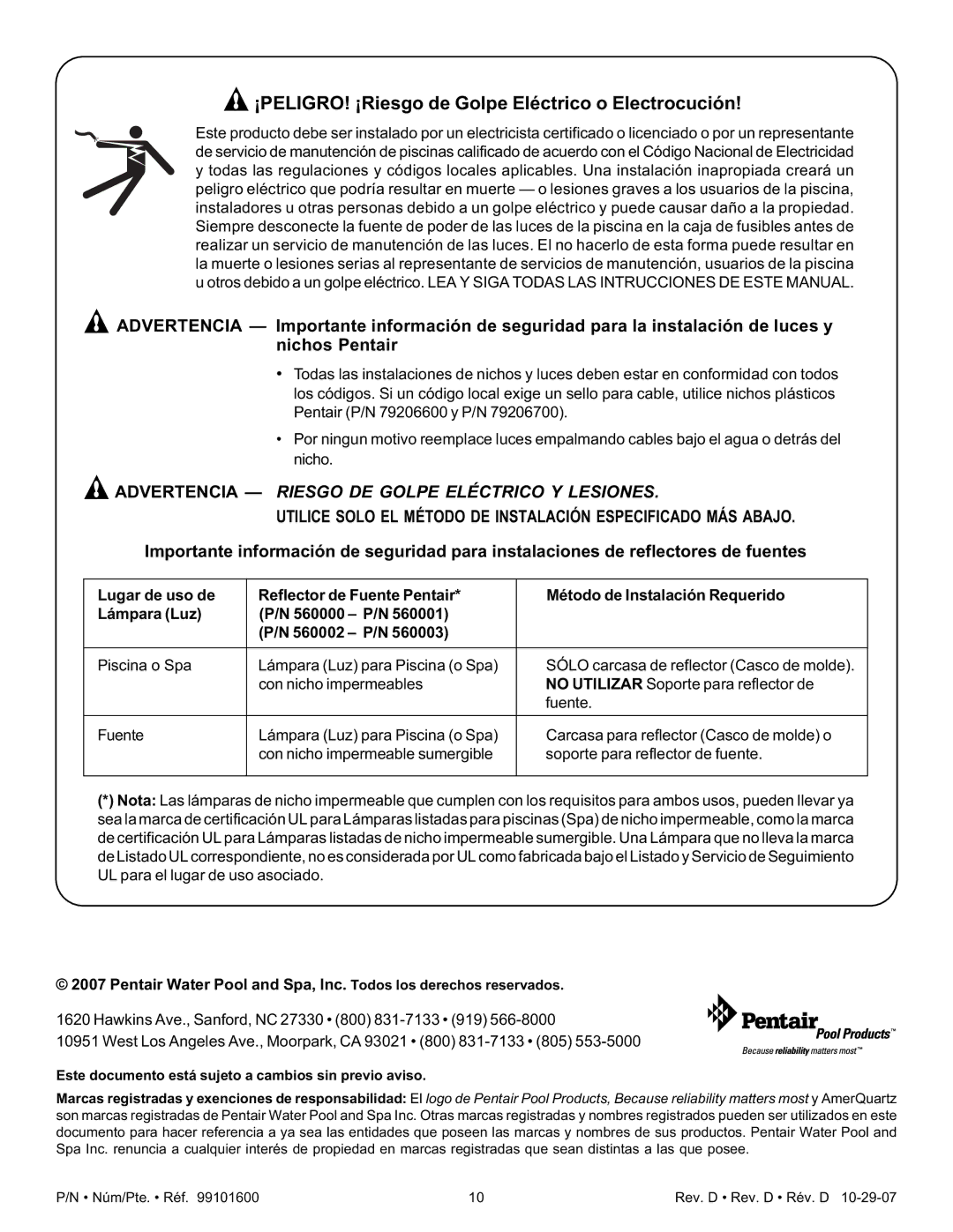 Pentair AmerQuartz important safety instructions ¡PELIGRO! ¡Riesgo de Golpe Eléctrico o Electrocución 