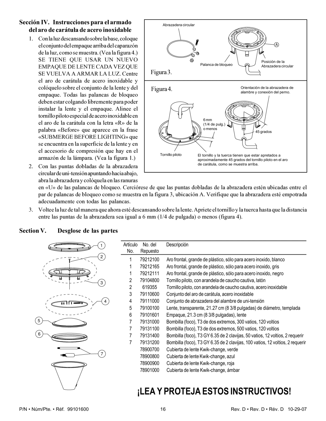 Pentair AmerQuartz Sección IV. Instrucciones para el armado, Del aro de carátula de acero inoxidable 