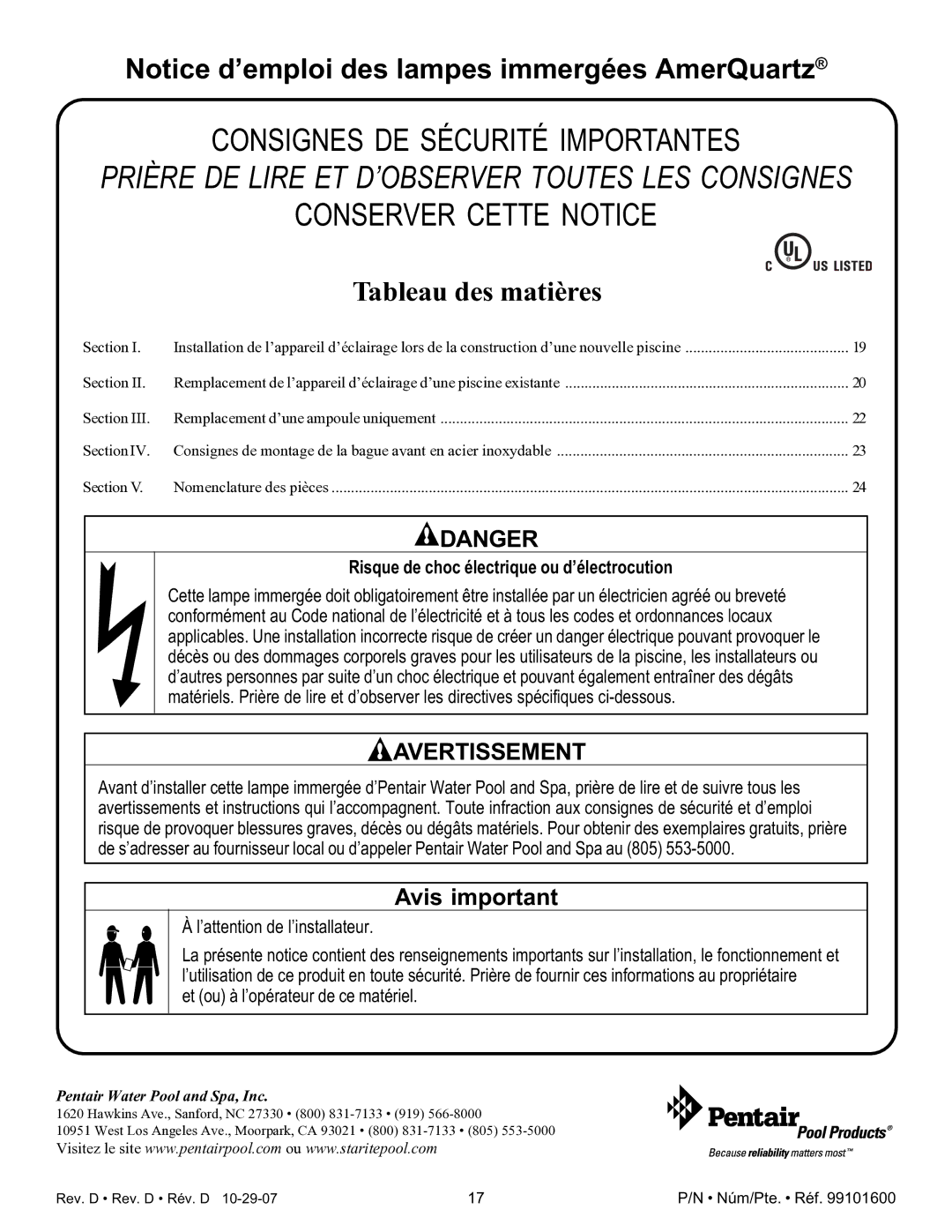 Pentair AmerQuartz important safety instructions Risque de choc électrique ou d’électrocution, ’attention de l’installateur 