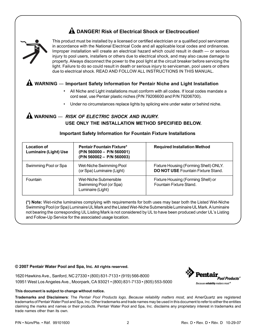 Pentair AmerQuartz important safety instructions USE only the Installation Method Specified below 