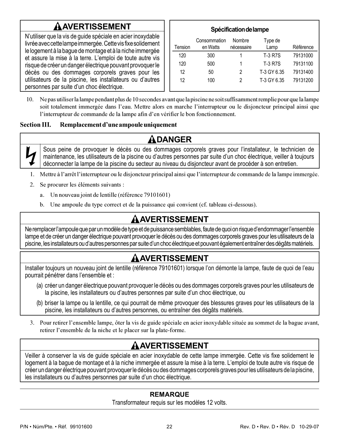 Pentair AmerQuartz important safety instructions Spécificationdelampe, Section III. Remplacement d’une ampoule uniquement 