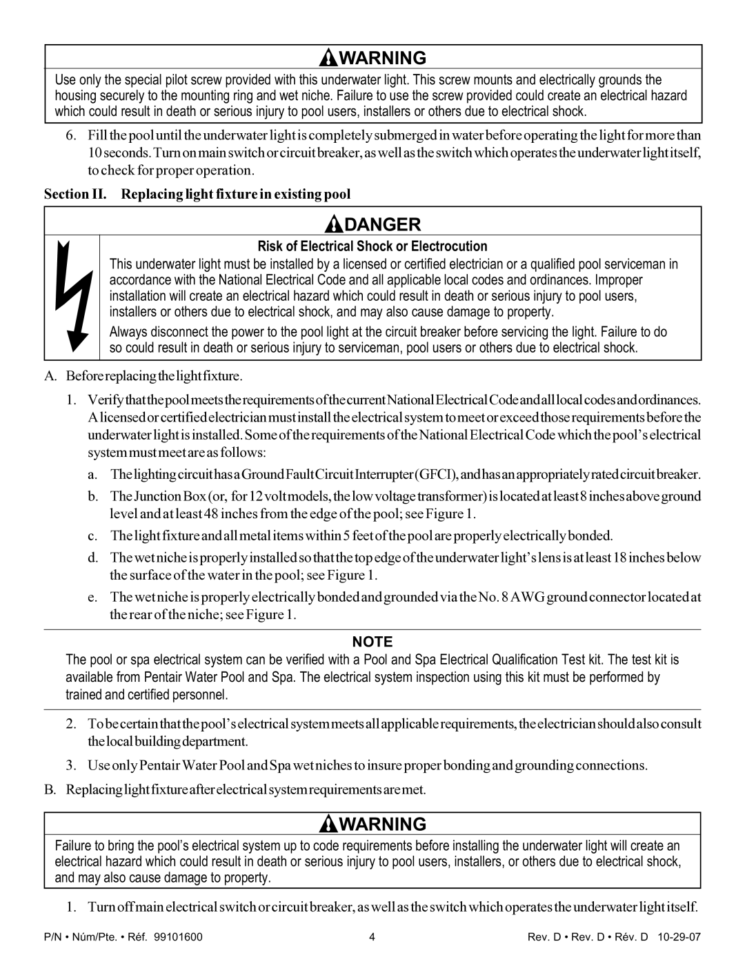 Pentair AmerQuartz Section II. Replacing light fixture in existing pool, Risk of Electrical Shock or Electrocution 