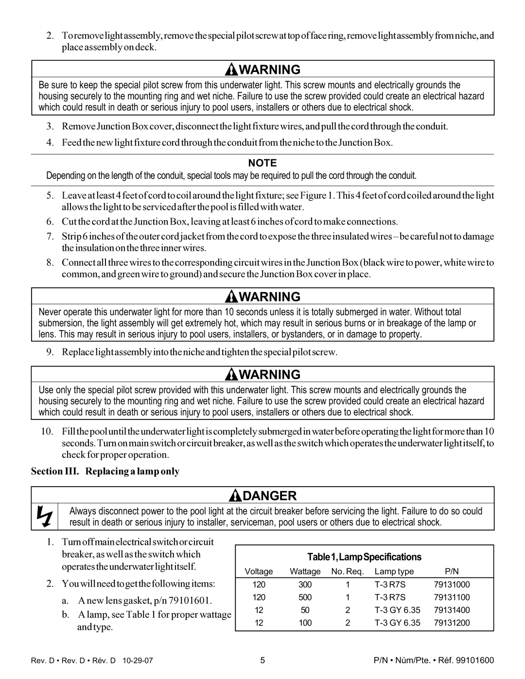 Pentair AmerQuartz important safety instructions Section III. Replacing a lamp only, LampSpecifications 