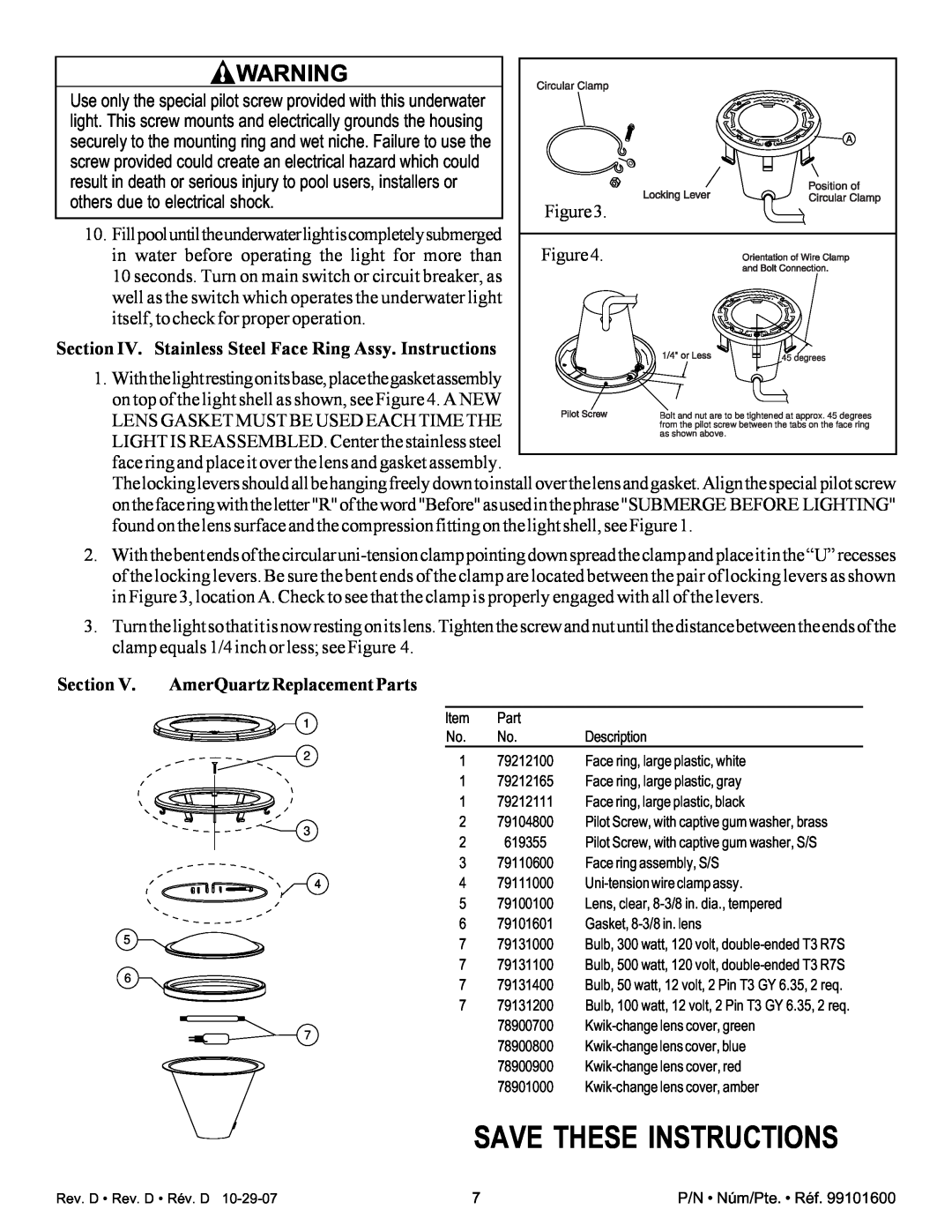 Pentair AmerQuartz Save These Instructions, Section IV. Stainless Steel Face Ring Assy. Instructions 