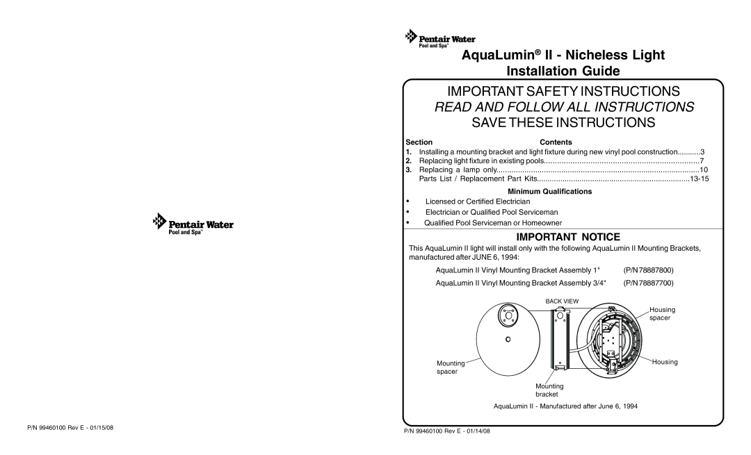 Pentair AquaLumin II important safety instructions 13-15, Minimum Qualifications 