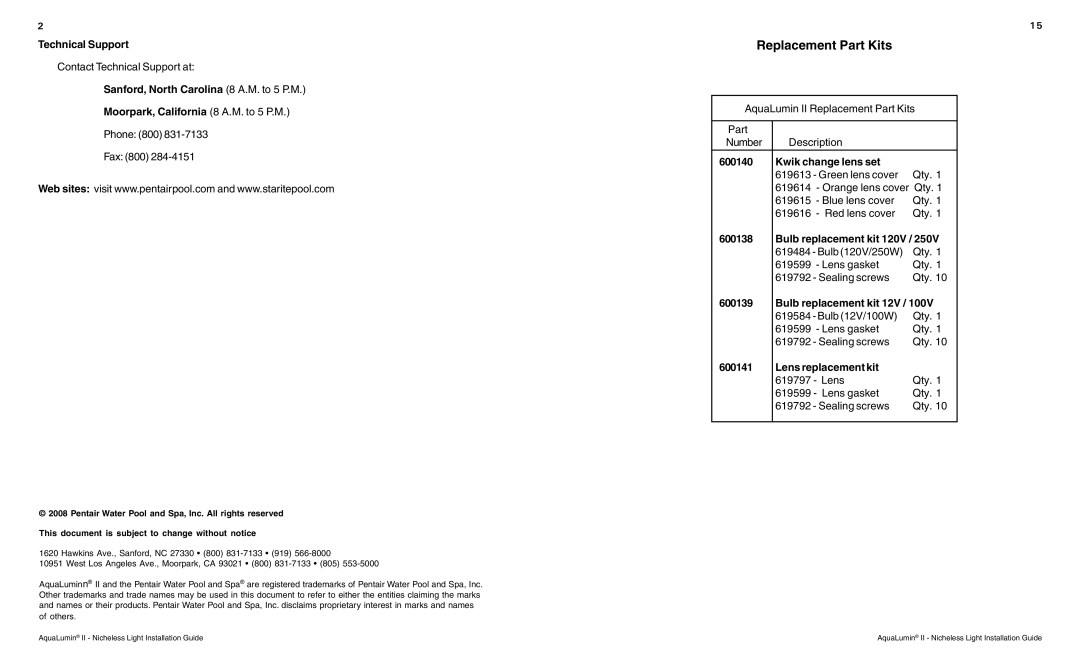 Pentair AquaLumin II important safety instructions Replacement Part Kits 
