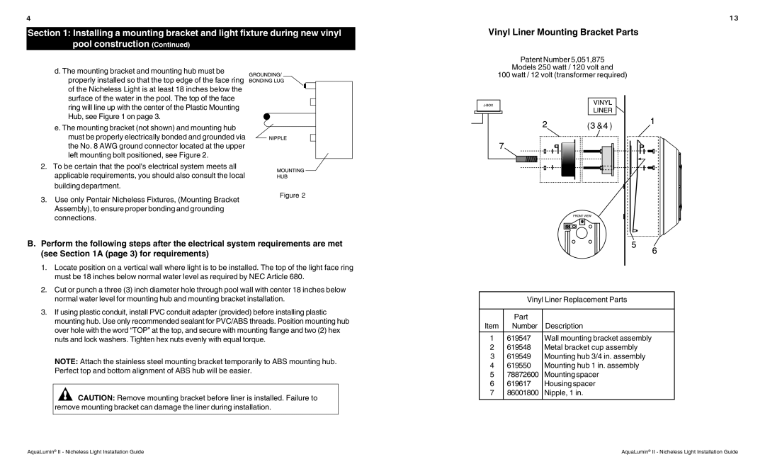 Pentair AquaLumin II important safety instructions Vinyl Liner Mounting Bracket Parts 