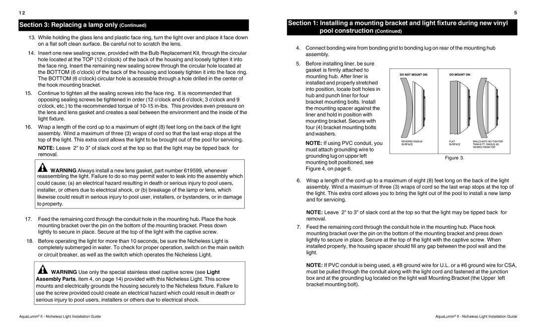 Pentair AquaLumin II important safety instructions Replacing a lamp only 