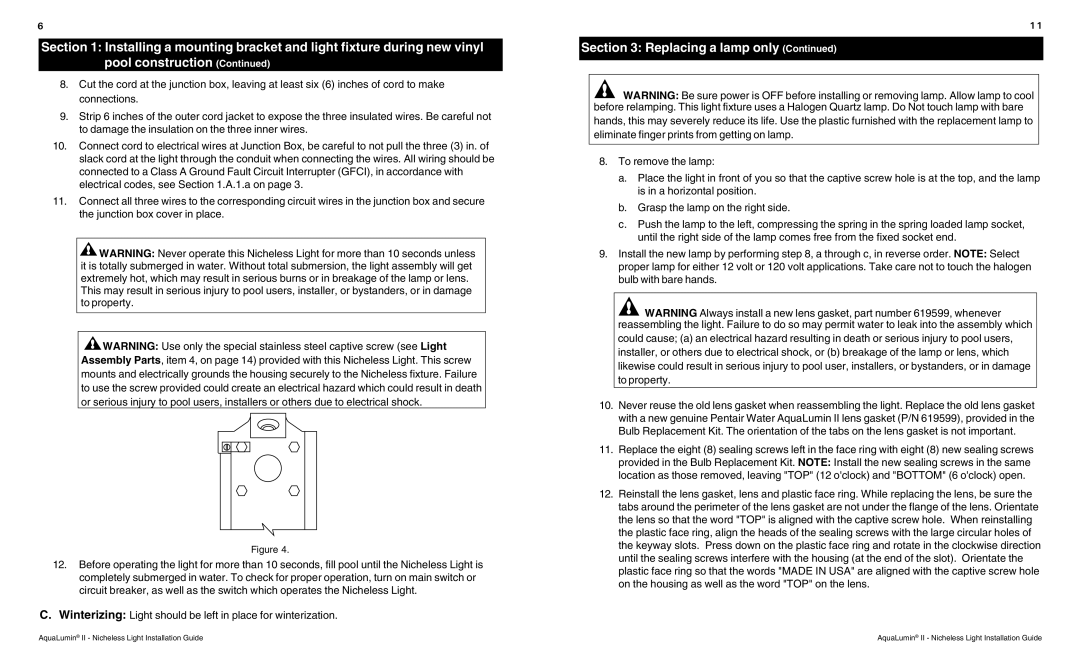 Pentair AquaLumin II important safety instructions Replacing a lamp only 