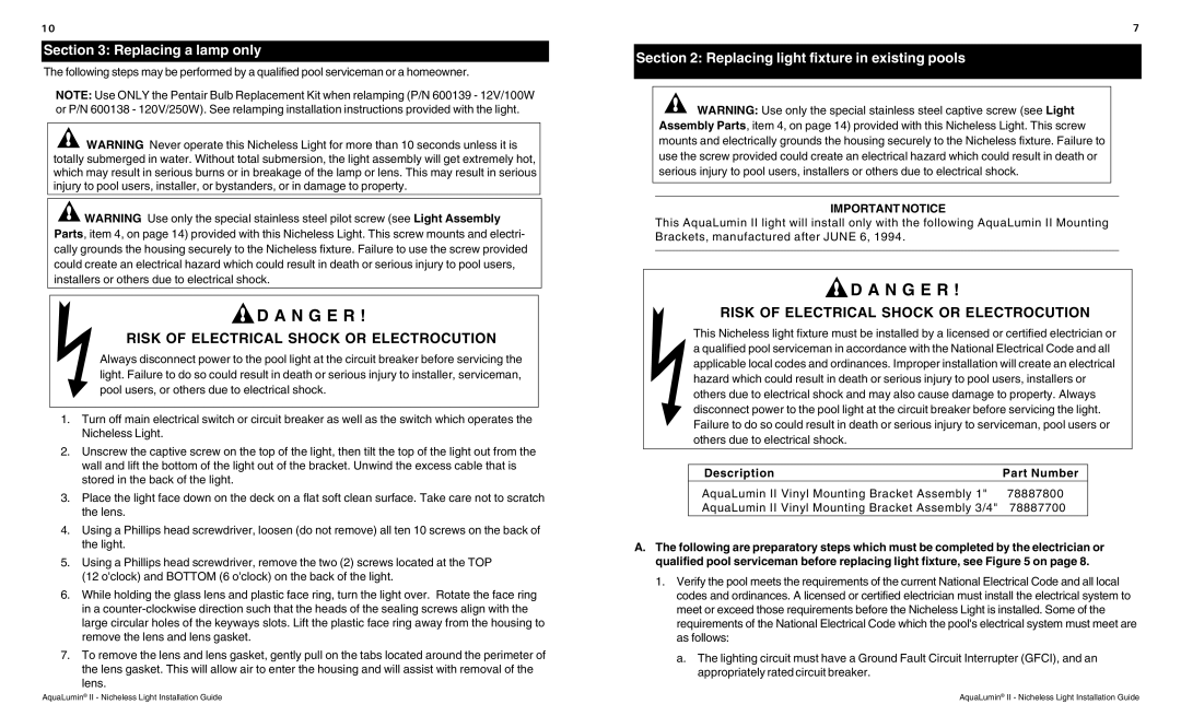 Pentair AquaLumin II important safety instructions Replacing light fixture in existing pools, Description Part Number 