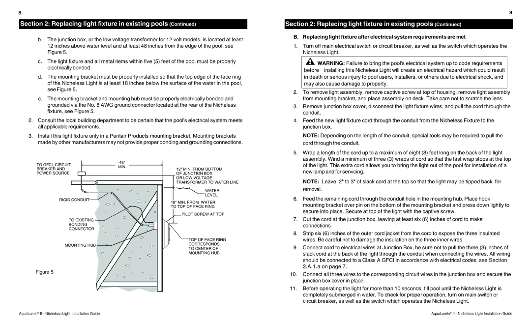 Pentair AquaLumin II important safety instructions New lamp and for servicing 