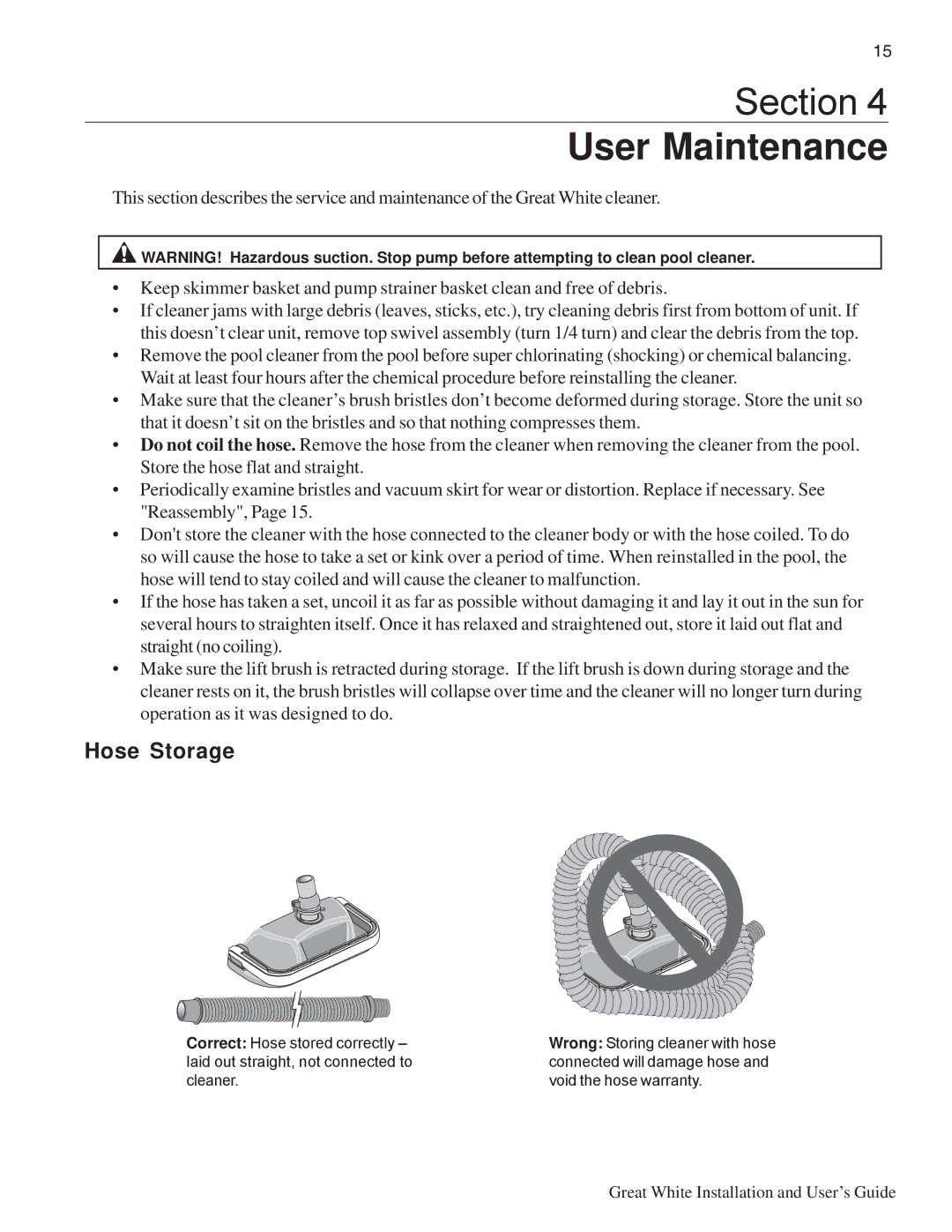 Pentair Automatic Pool Cleaner important safety instructions User Maintenance, Hose Storage 