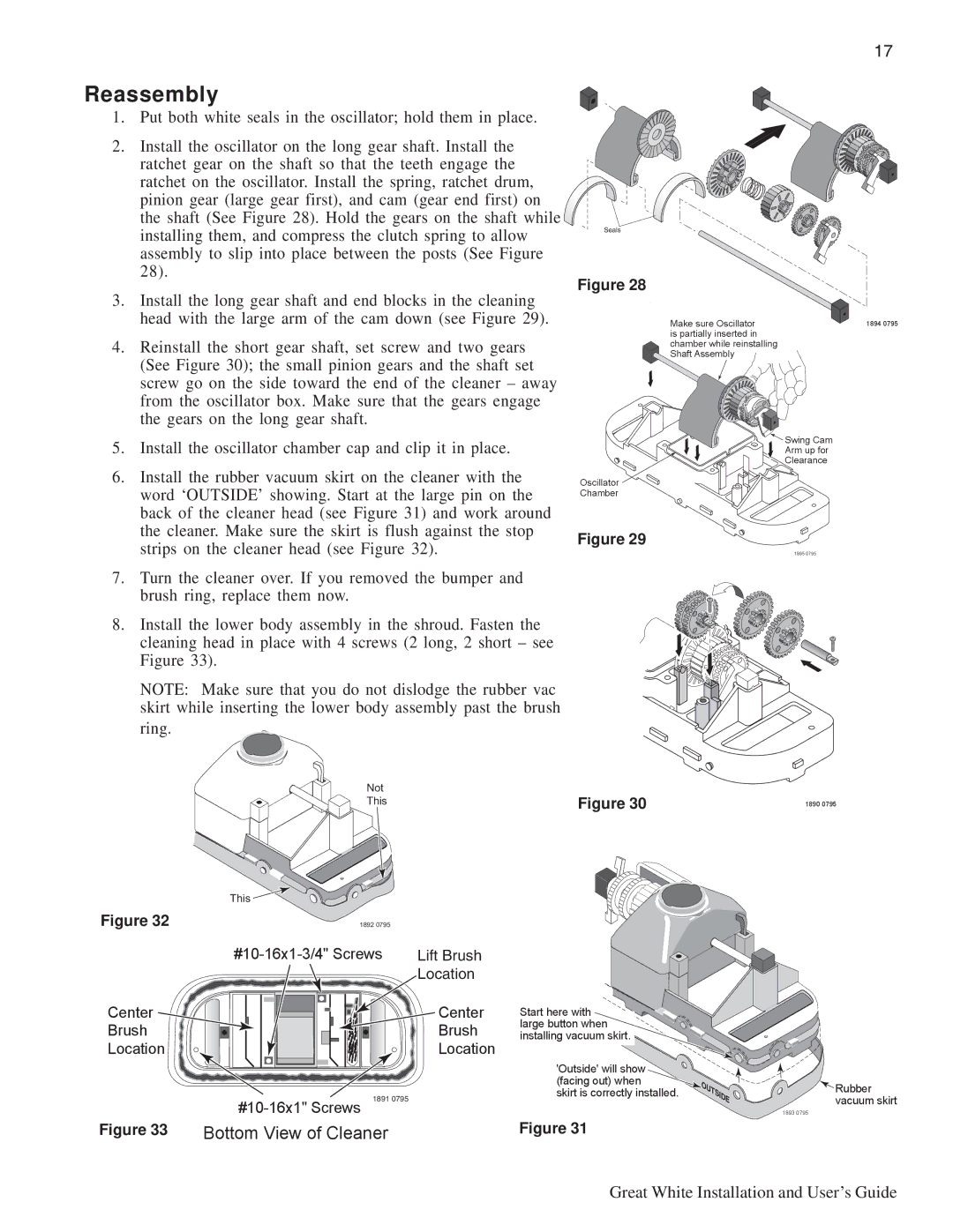 Pentair Automatic Pool Cleaner important safety instructions Reassembly, Bottom View of Cleaner 