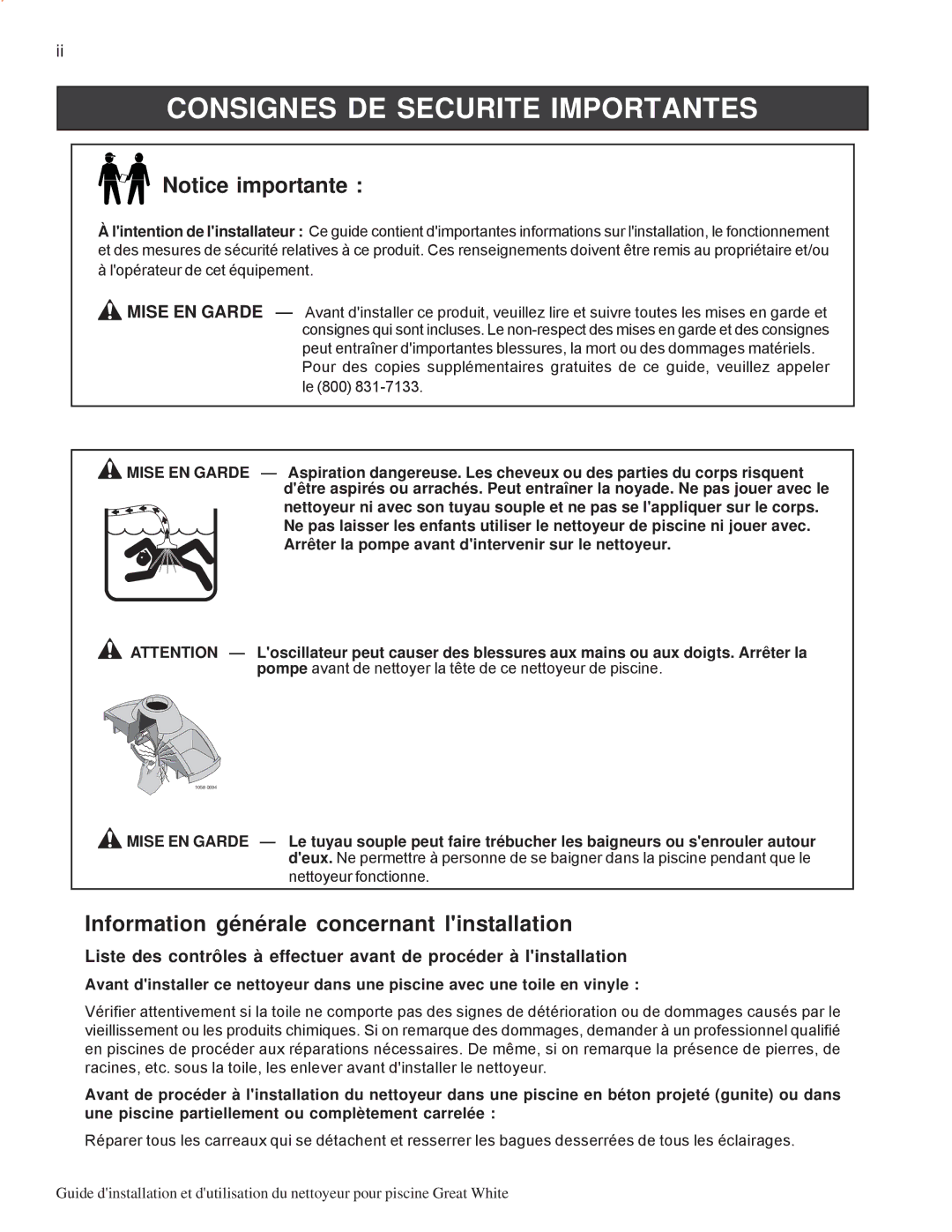 Pentair Automatic Pool Cleaner Consignes DE Securite Importantes, Information générale concernant linstallation 