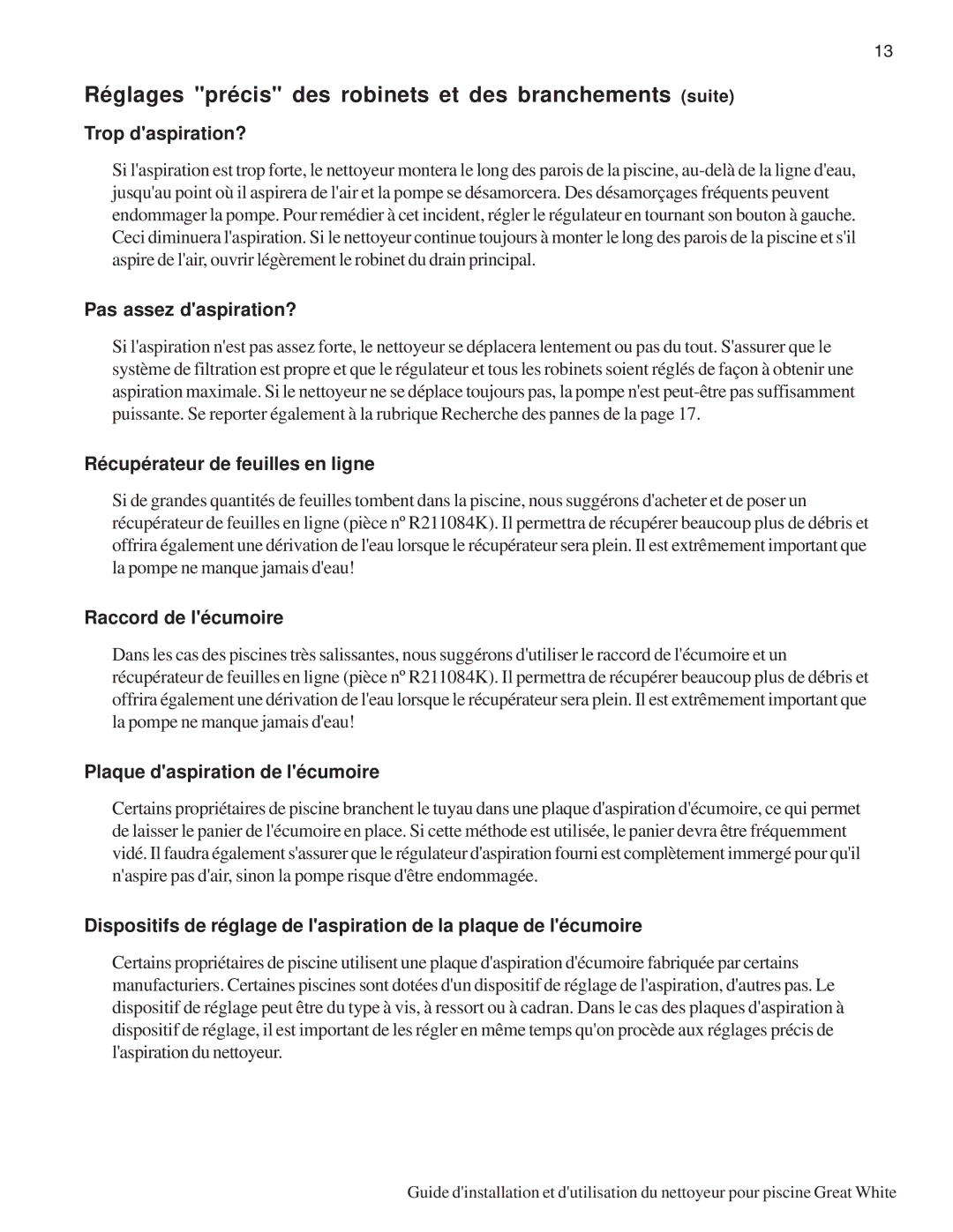 Pentair Automatic Pool Cleaner important safety instructions Réglages précis des robinets et des branchements suite 