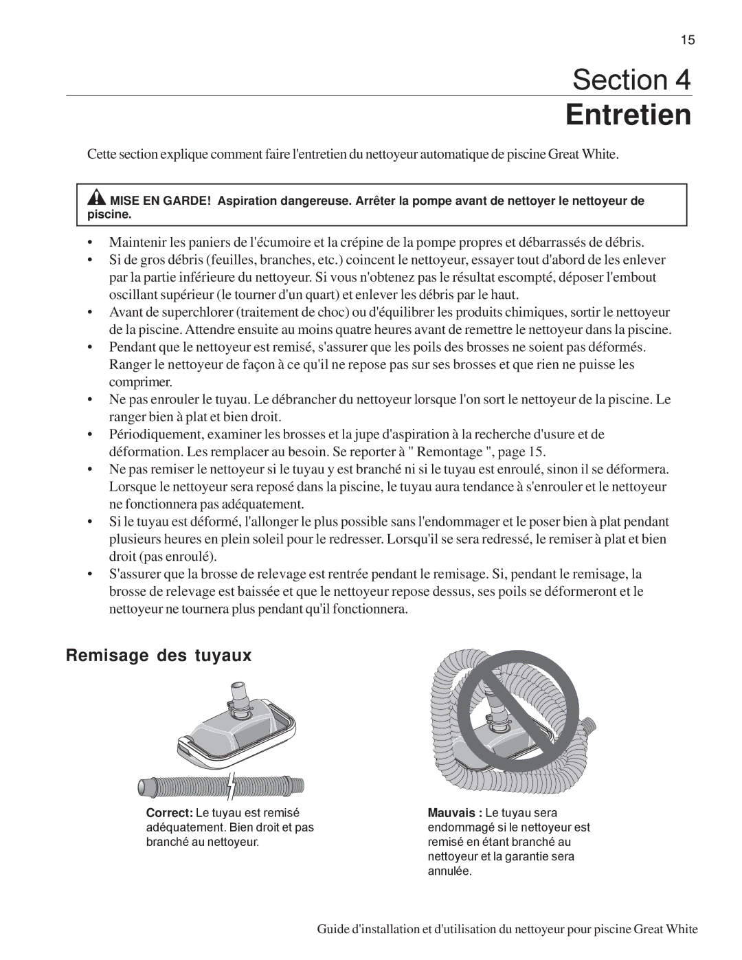 Pentair Automatic Pool Cleaner important safety instructions Entretien, Remisage des tuyaux 