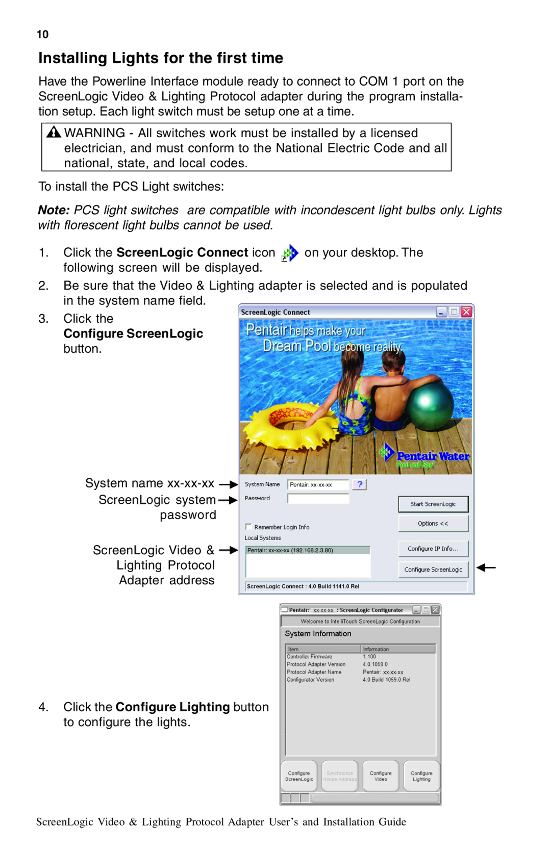 Pentair BB-HCM311A, BL-C111A, BL-C1A, BB-HCM331A manual Installing Lights for the first time, Configure ScreenLogic button 