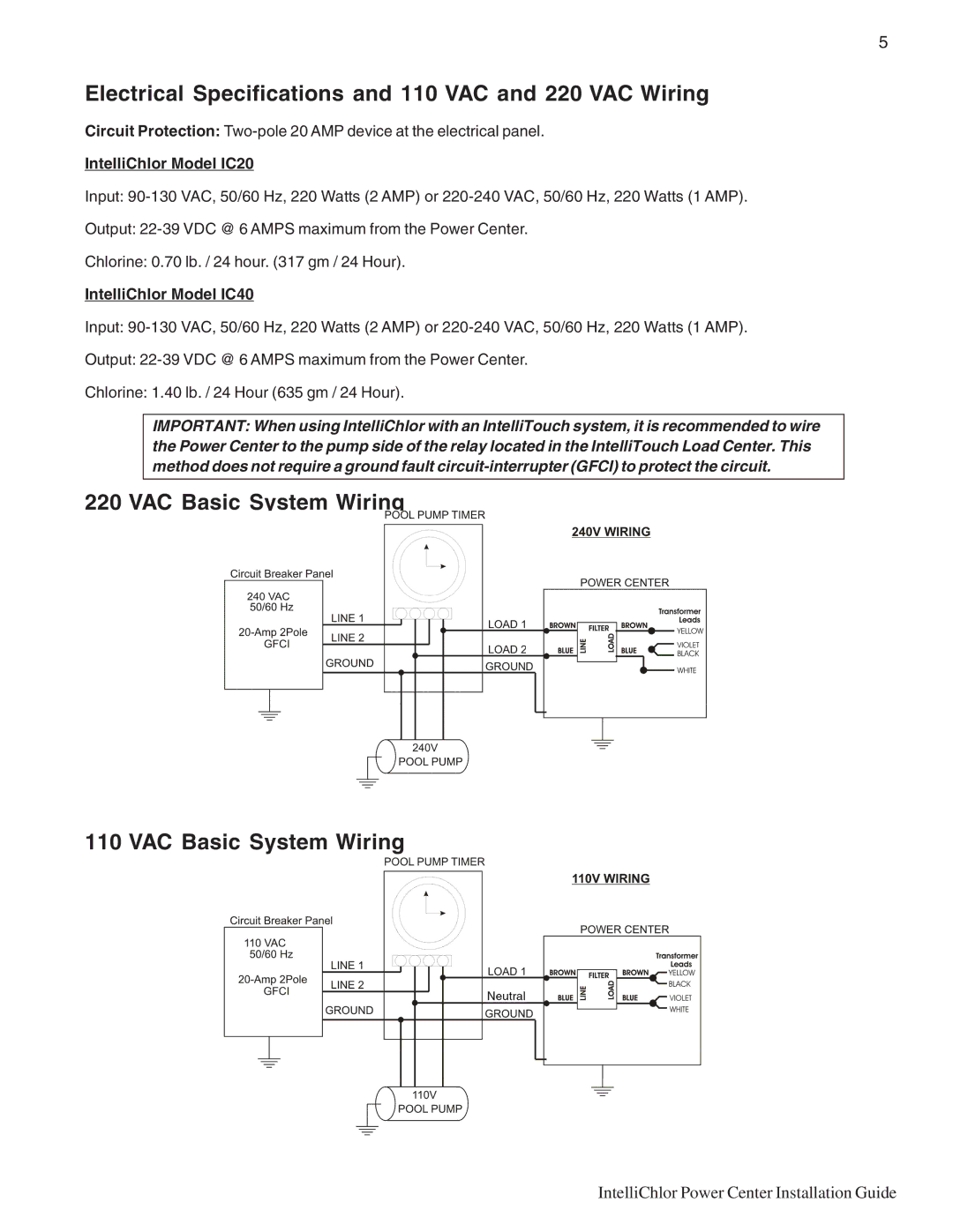 Pentair C40, C20 Electrical Specifications and 110 VAC and 220 VAC Wiring, VAC Basic System Wiring 