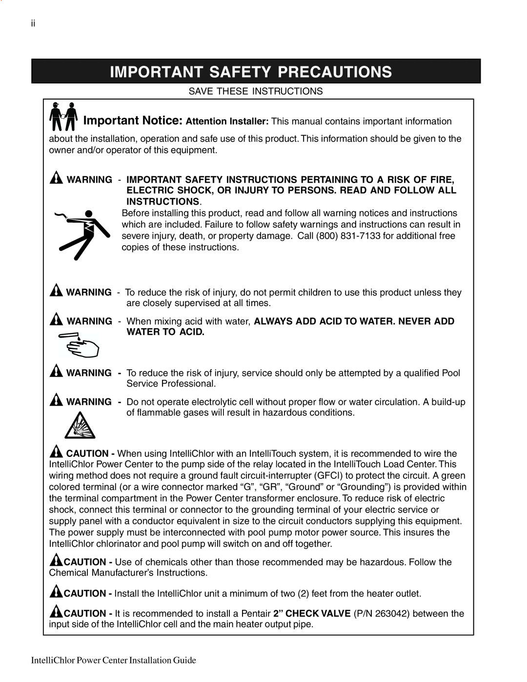 Pentair C40, C20 important safety instructions Important Safety Precautions 