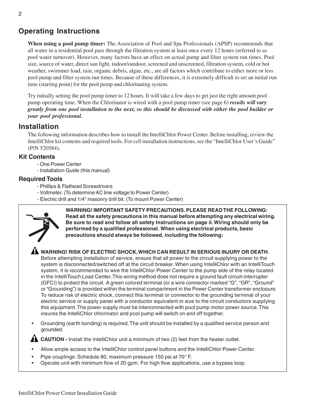 Pentair C20, C40 important safety instructions Operating Instructions, Installation 