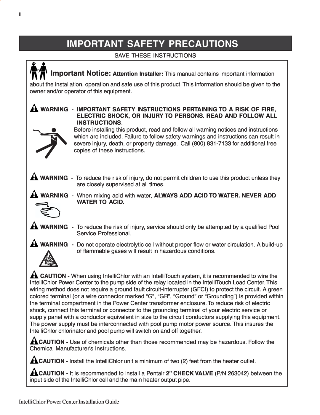 Pentair C40, C20 Warning - Important Safety Instructions Pertaining To A Risk Of Fire, Water To Acid 
