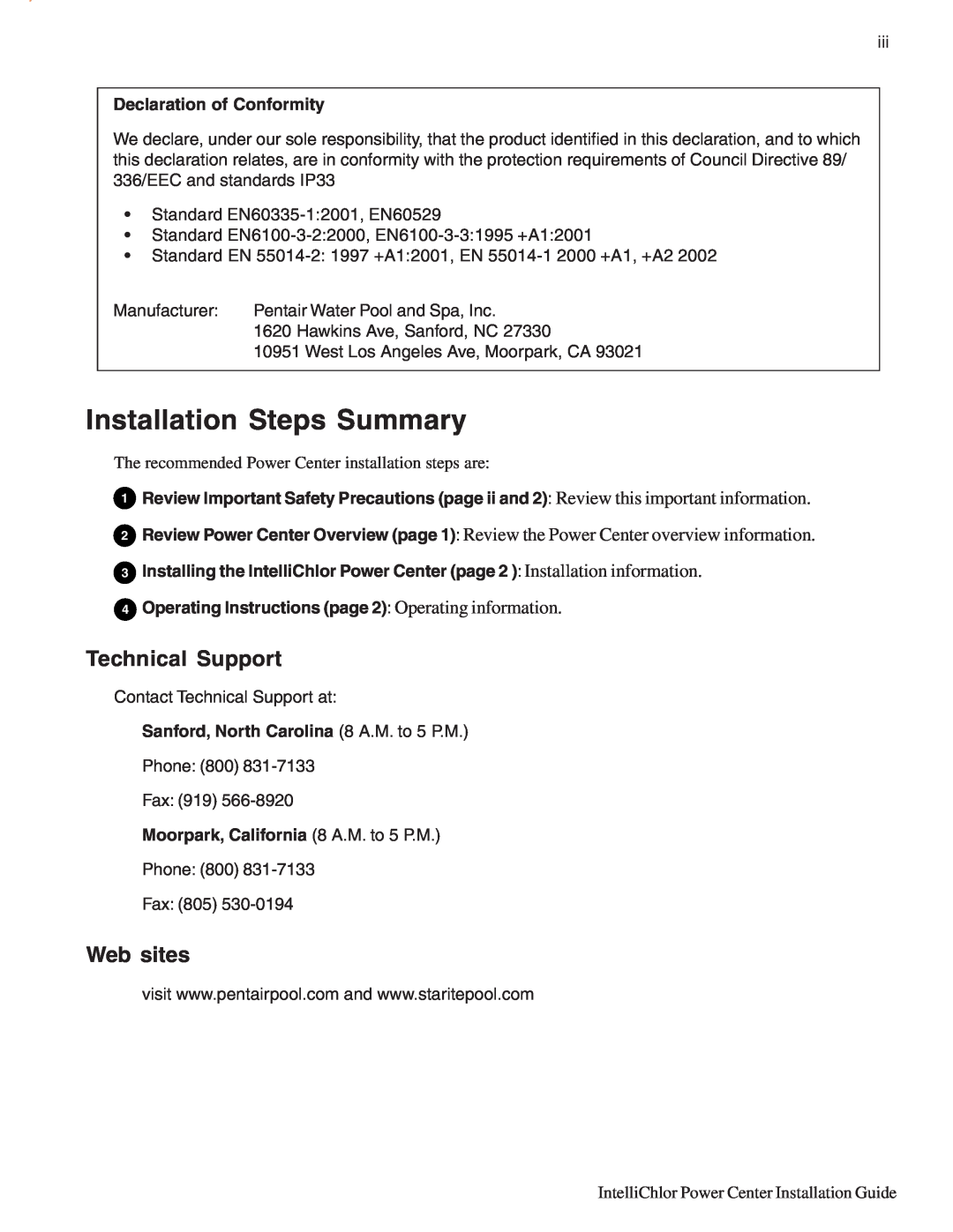 Pentair C20 Technical Support, Web sites, Declaration of Conformity, Operating Instructions page 2 Operating information 
