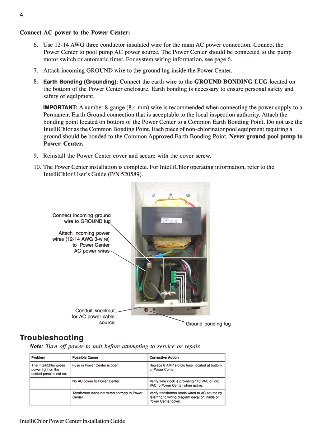 Pentair C20, C40 important safety instructions Troubleshooting, Connect AC power to the Power Center 