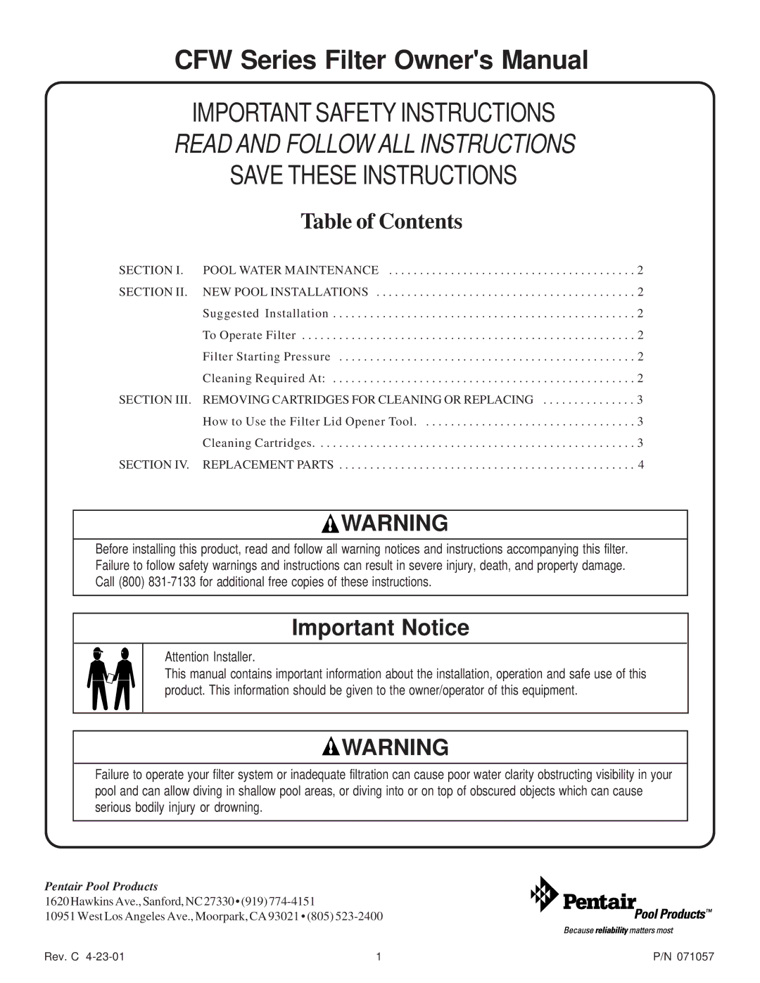 Pentair CFW Series important safety instructions Read and Follow ALL Instructions 