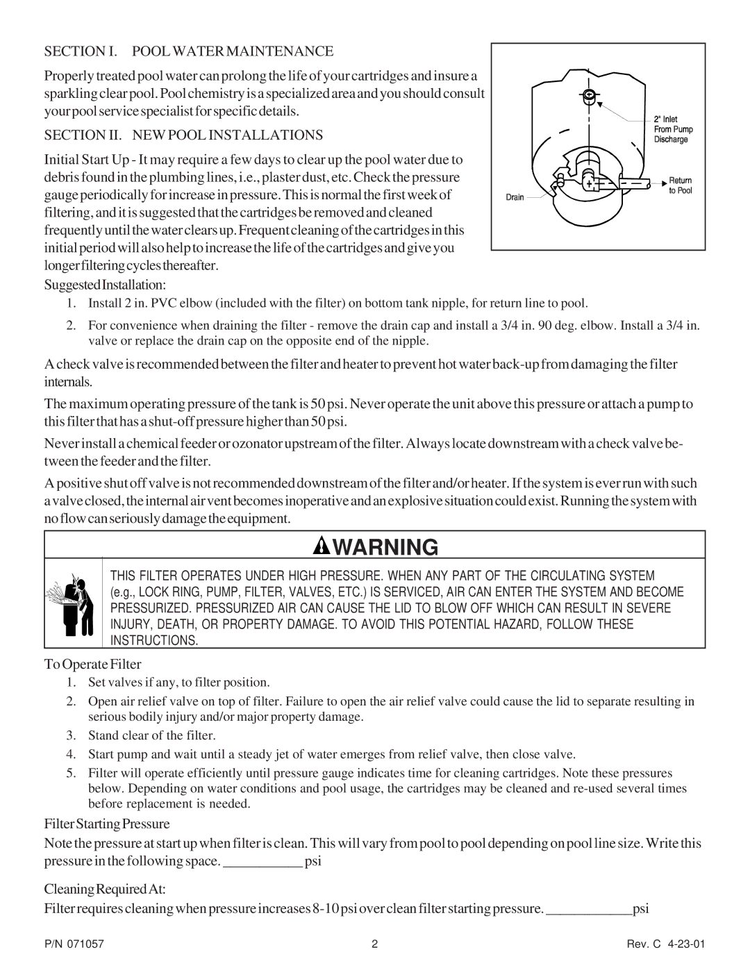 Pentair CFW Series Section I. Pool Water Maintenance, Section II. NEW Pool Installations, To Operate Filter 