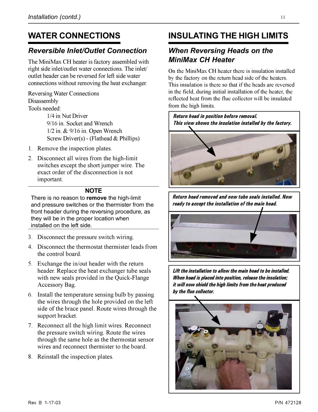 Pentair CH installation manual Water Connections, Insulating the High Limits 