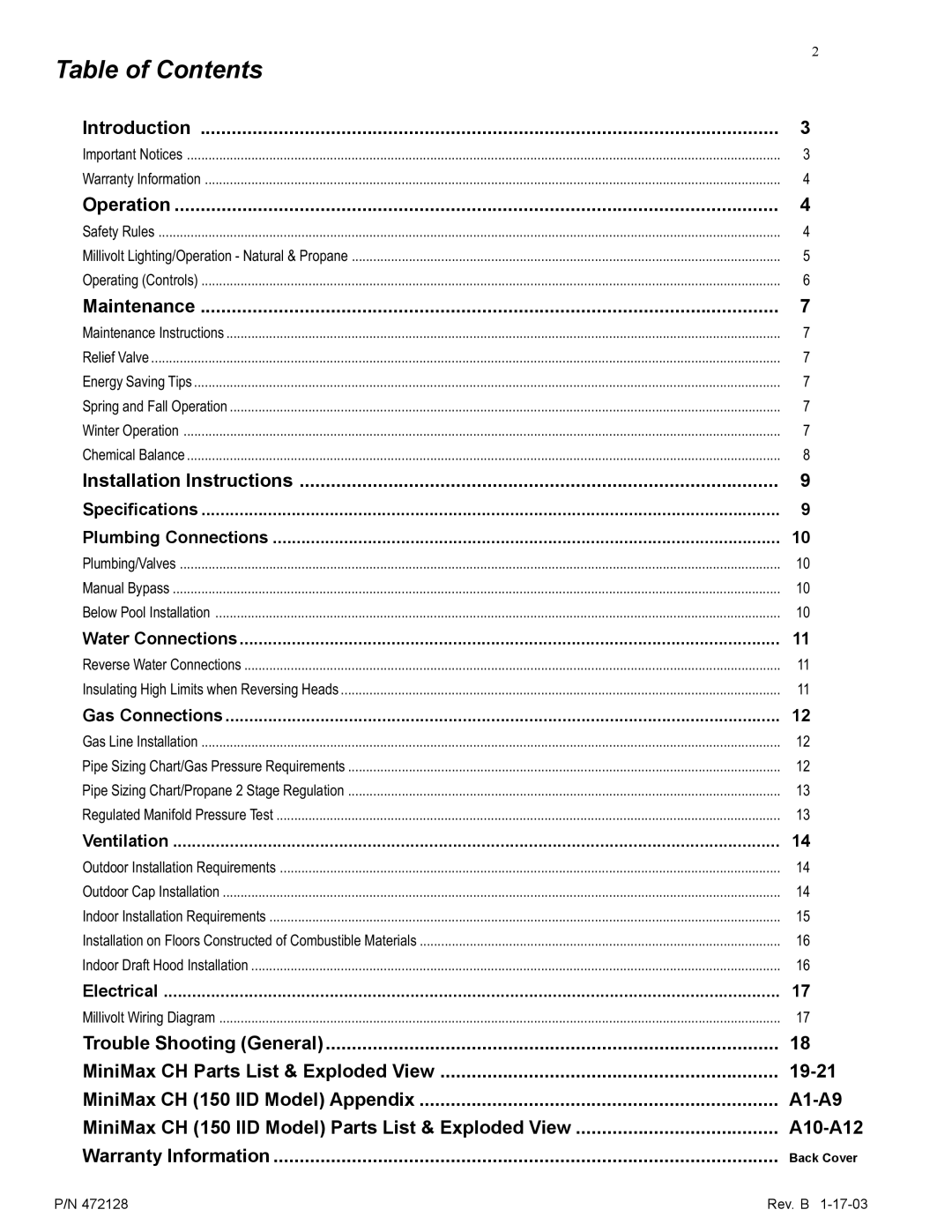 Pentair CH installation manual Table of Contents 