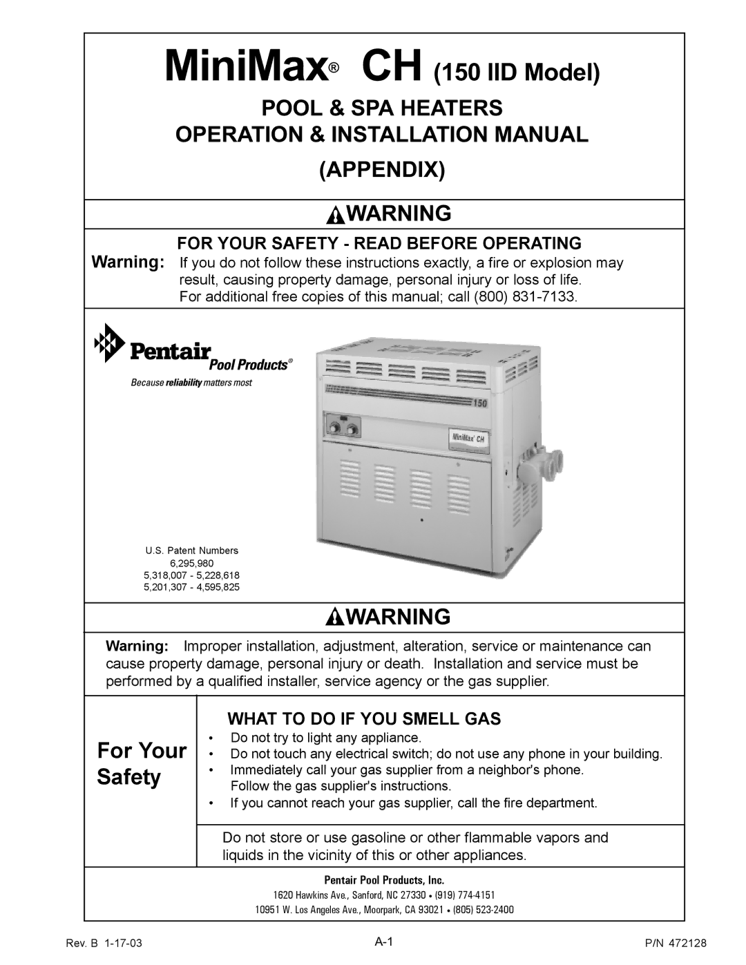 Pentair installation manual MiniMax CH 150 IID Model 