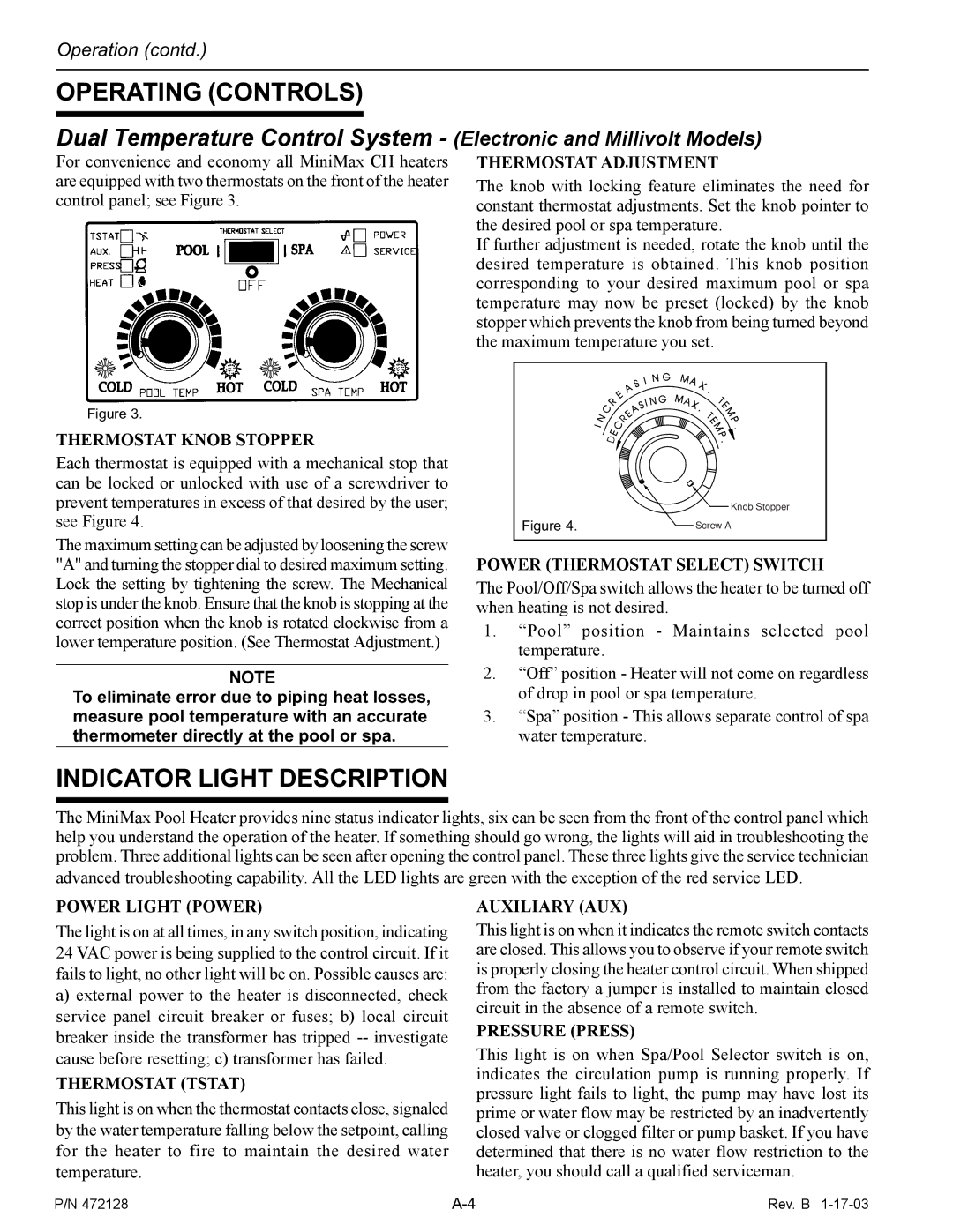 Pentair CH installation manual Indicator Light Description, Thermostat Knob Stopper 