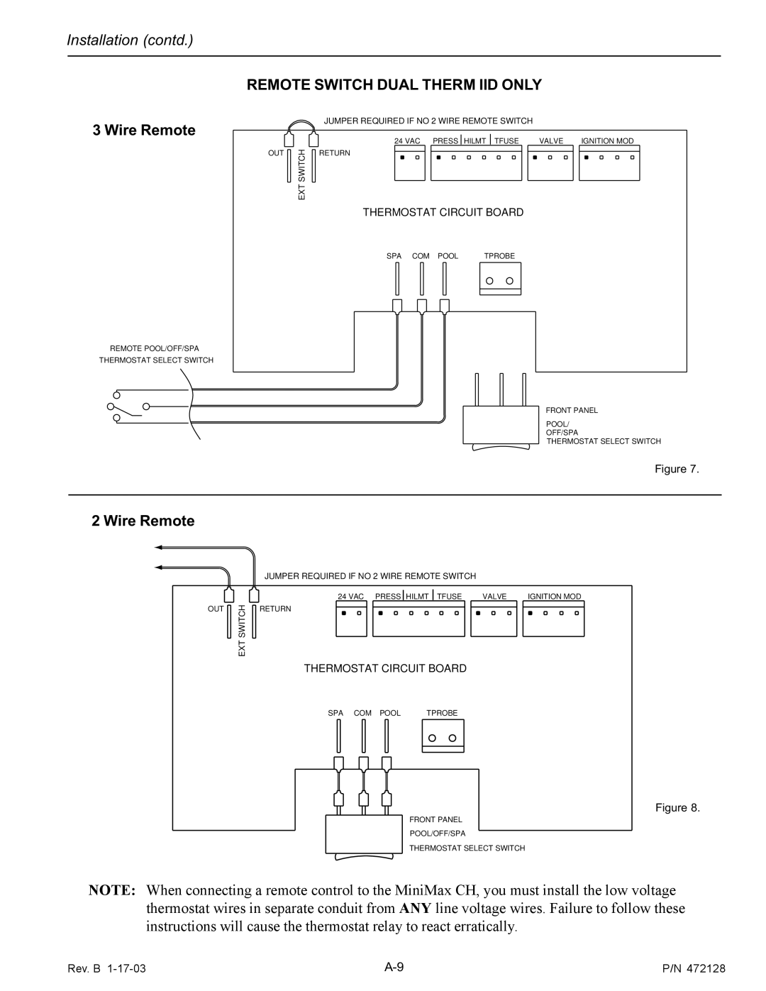 Pentair CH installation manual Remote Switch Dual Therm IID only, Wire Remote 