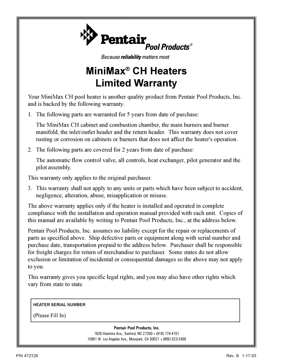 Pentair installation manual MiniMax CH Heaters Limited Warranty 