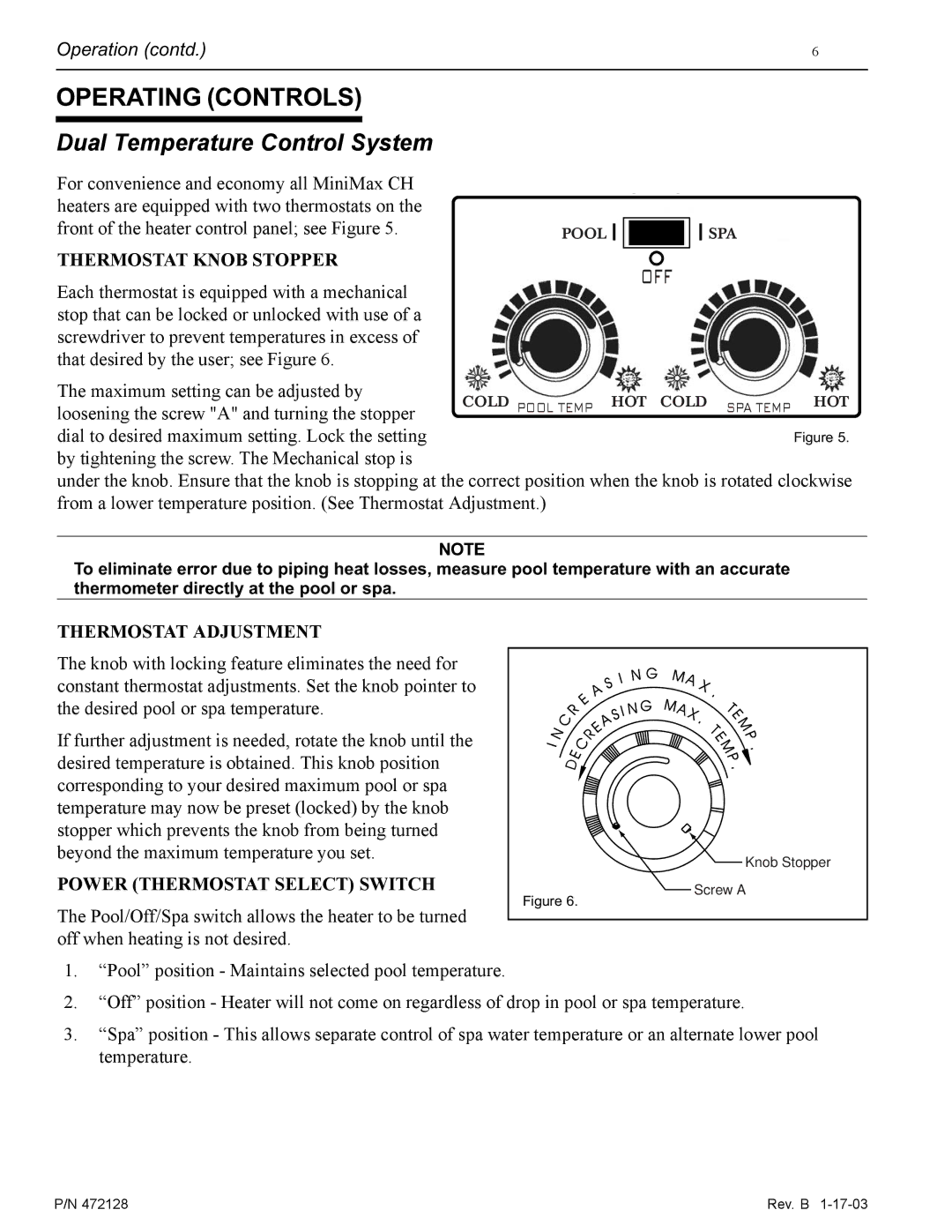 Pentair CH installation manual Operating Controls, Dual Temperature Control System 