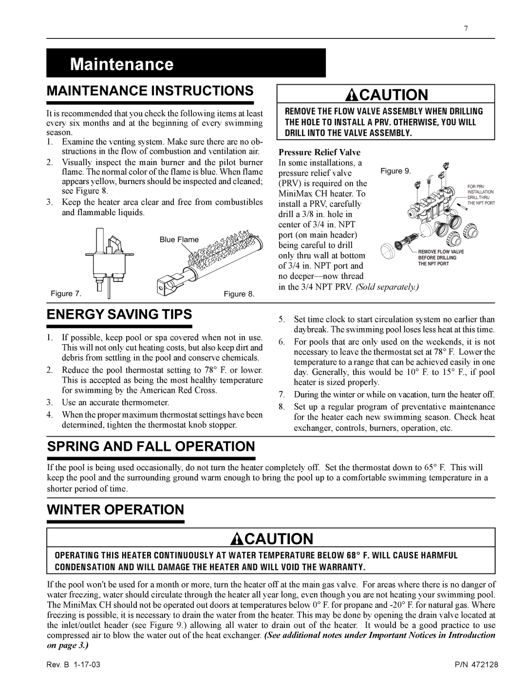 Pentair CH installation manual Maintenance Instructions, Energy Saving Tips, Spring and Fall Operation, Winter Operation 