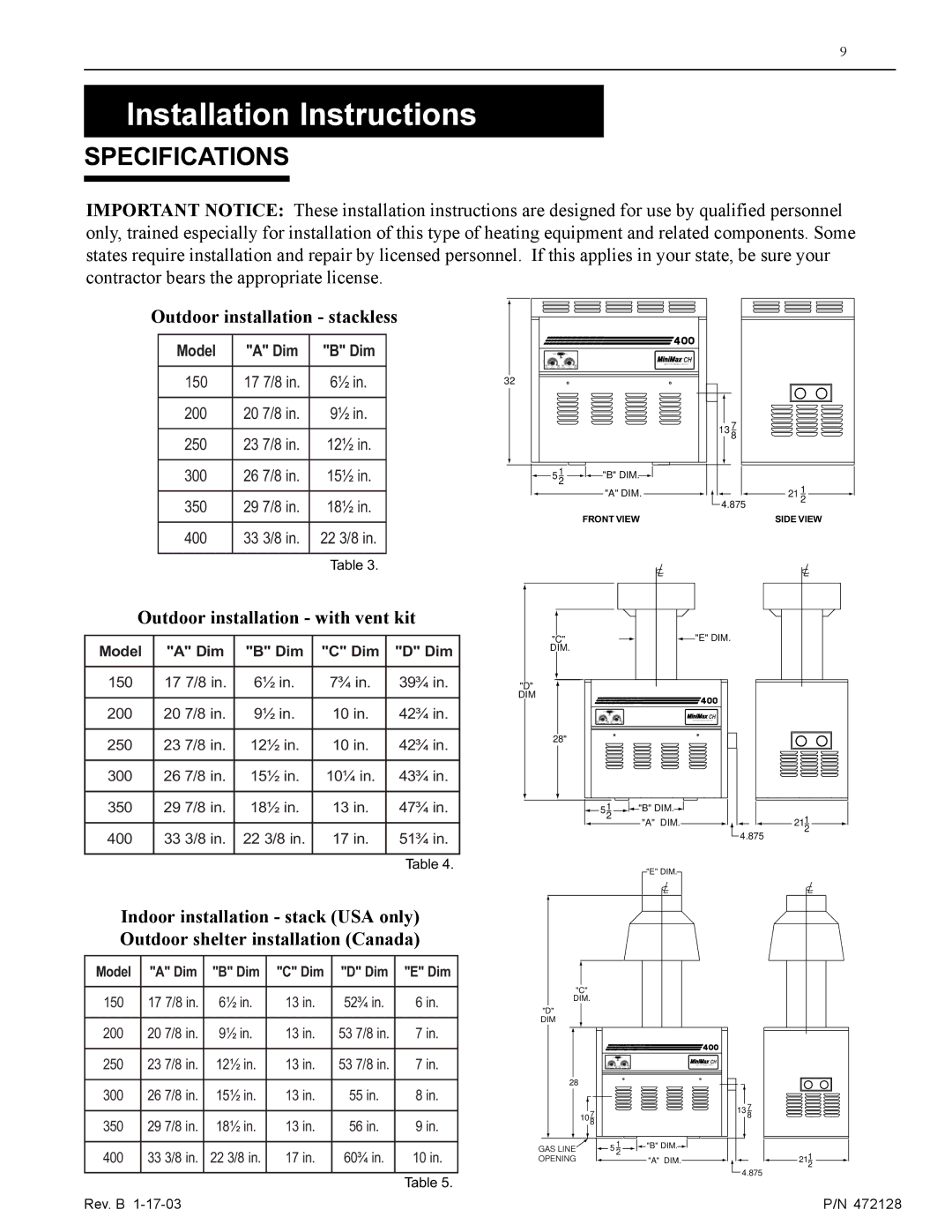 Pentair CH installation manual Installation Instructions, Specifications 