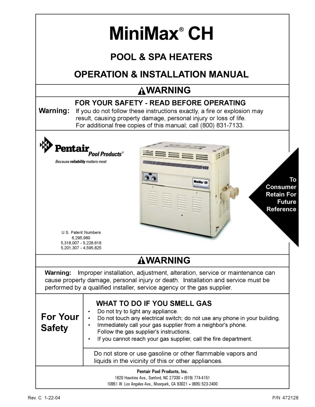 Pentair CH installation manual For Your Safety Read Before Operating, What to do if YOU Smell GAS 