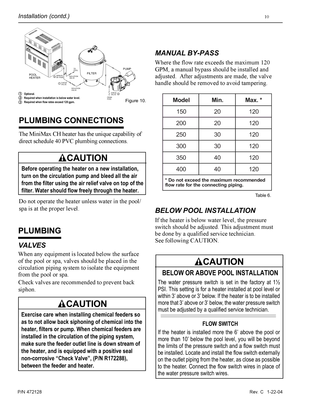 Pentair CH installation manual Plumbing Connections, Installation contd 