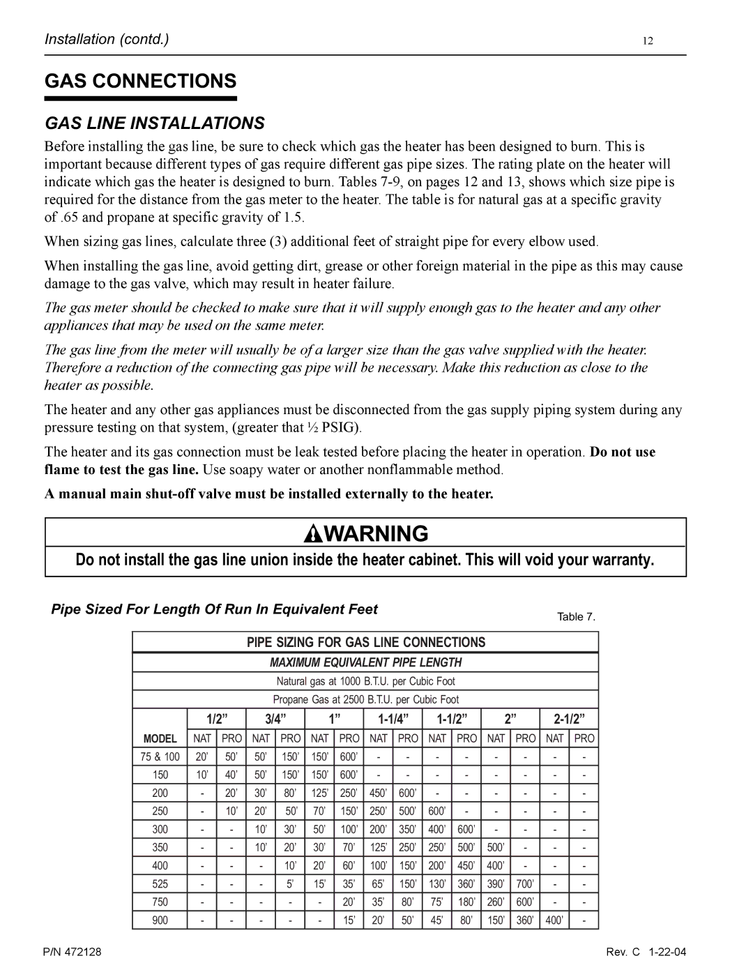 Pentair CH installation manual GAS Connections, GAS Line Installations 