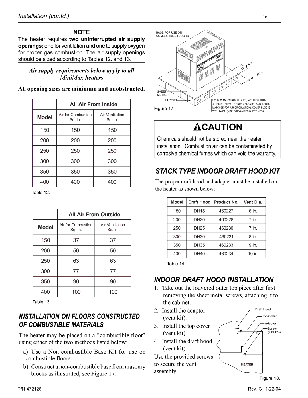 Pentair CH installation manual Stack Type Indoor Draft Hood KIT 