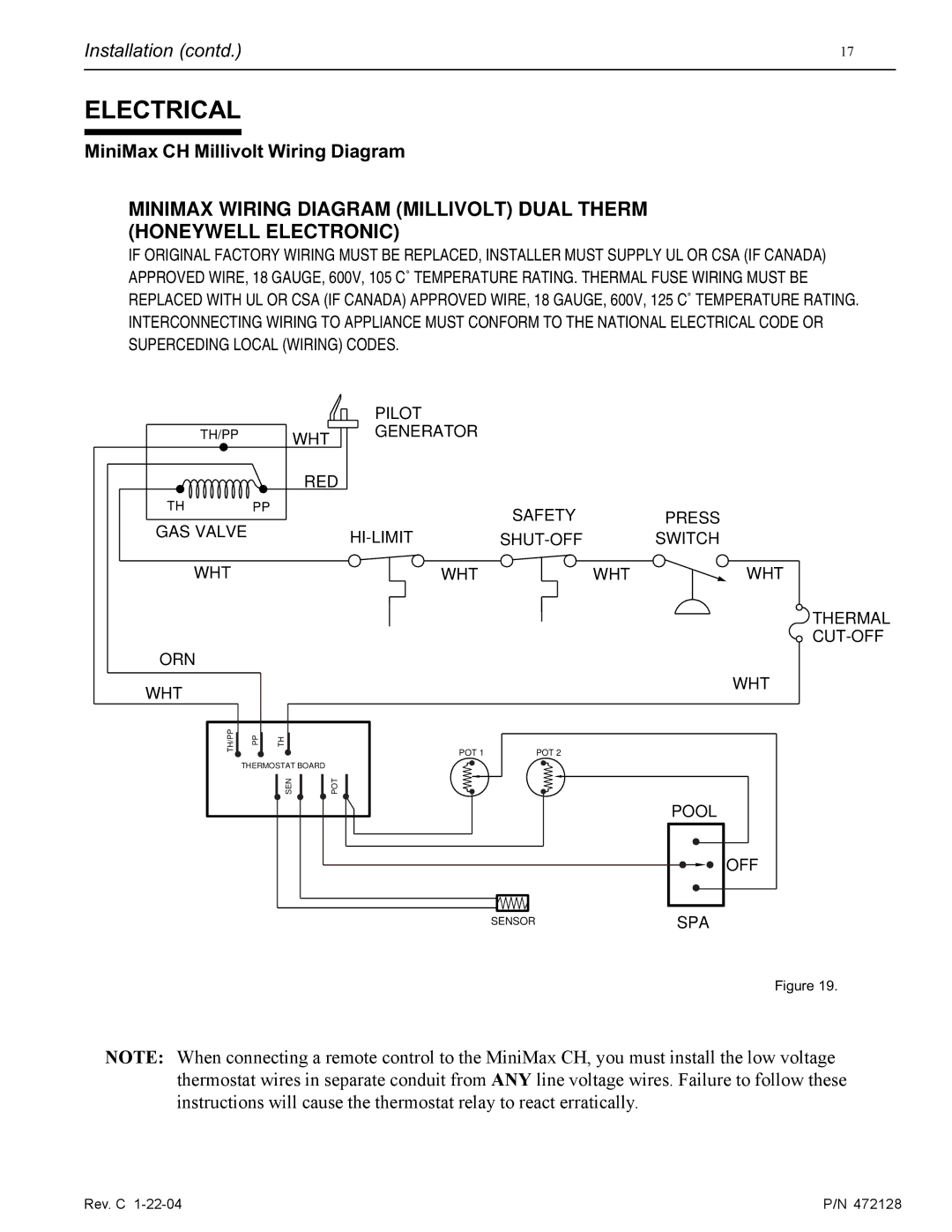 Pentair installation manual Electrical, MiniMax CH Millivolt Wiring Diagram 