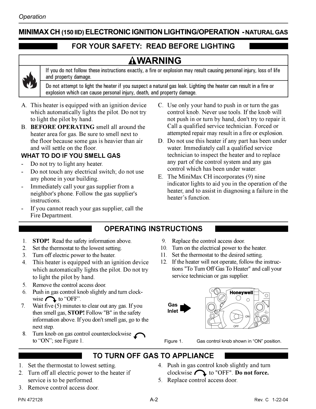 Pentair CH installation manual Operating Instructions, To Turn OFF GAS to Appliance, Operation 