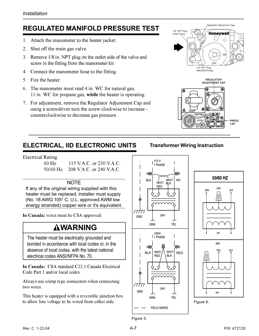 Pentair CH installation manual Regulated Manifold Pressure Test, Installation, Transformer Wiring Instruction 