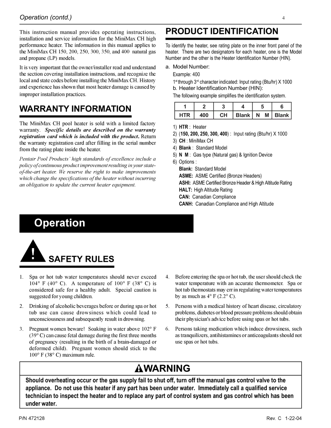 Pentair CH installation manual Warranty Information, Product Identification, Safety Rules, Operation contd 